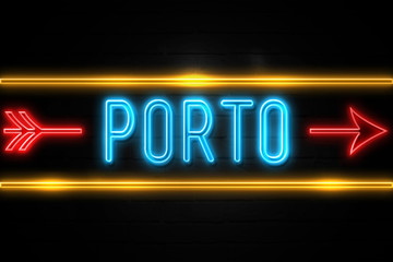 Porto   - fluorescent Neon Sign on brickwall Front view