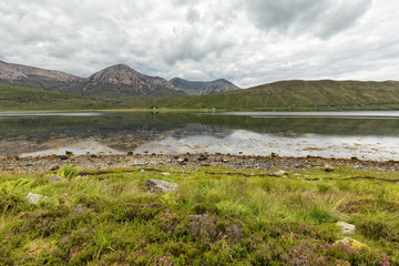 Wide angle view of Loch Ainort with Glamaig mountain on the Isle of Skye in Scotland.