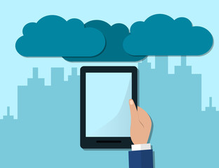 Hand Holding Computer Devices Connect to Modern Cloud Services. Flat Illustration.