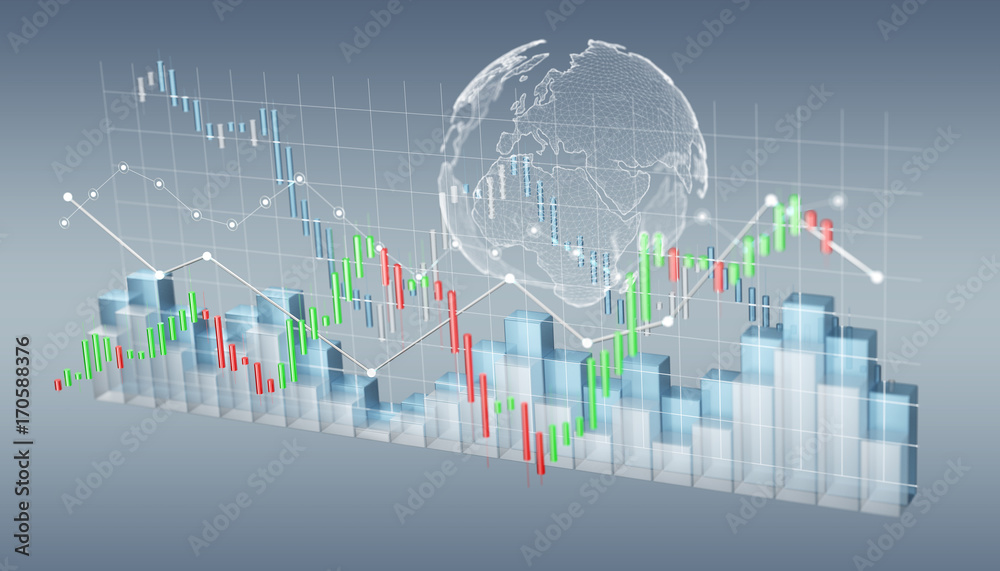 Poster Digital 3D rendered stock exchange stats and charts