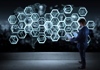 Businessman watching multimedia interface sketch on a rooftop 3D rendering