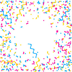 Abstract multicolored background. A lot of small falling confetti. Confetti fly from all sides to the center. Confetti frame