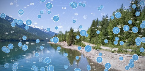 Composite image of full frame shot of circular blue computer