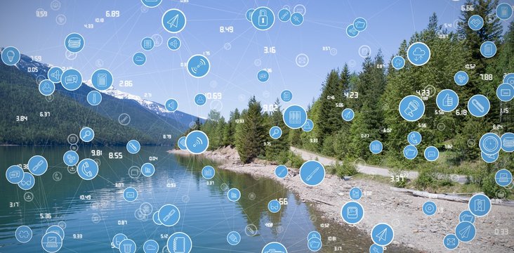 Composite image of full frame shot of circular blue computer