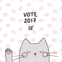 Cute vector voting cat face with paw, hand drawn outlines illustration. Election day poster design