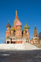 The Cathedral of the Intercession of the blessed virgin on the Moat (Temple of Basil the blessed) in red square, Moscow, Russia. Big snow snow after a snowfall