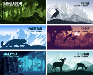 vector panorama of Bangladesh, Pakistan, Bhutan, Nepal, India and Malaysia with animals - obrazy, fototapety, plakaty