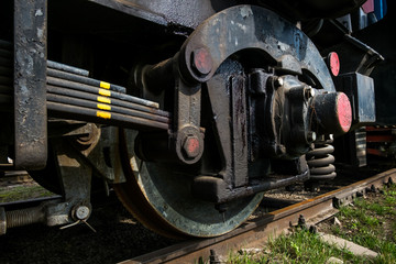 big russian locomotive in the repair workshop for old trains