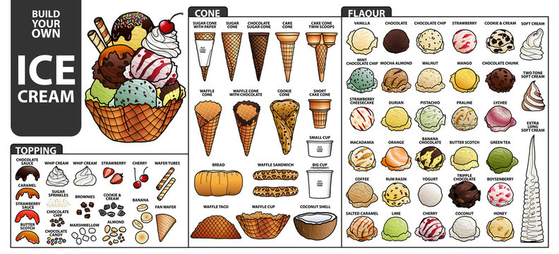 Set of isolated all part of ice cream for build your own style. Cute hand drawn in colorful and black outline.