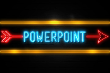Powerpoint  - fluorescent Neon Sign on brickwall Front view