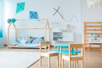 Blue kites in kids bedroom