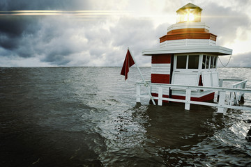 flooding small lighthouse with stormy sky. 3d rendering