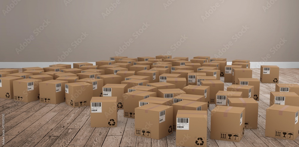 Poster composite image of group of computer generated cardboard boxes