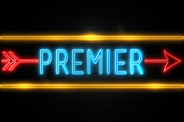 Premier  - fluorescent Neon Sign on brickwall Front view - obrazy, fototapety, plakaty