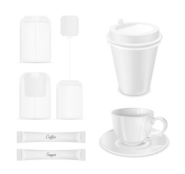 White disposable packaging for sugar, coffee and tea bag. Glass cup with saucer and paper coffee cup