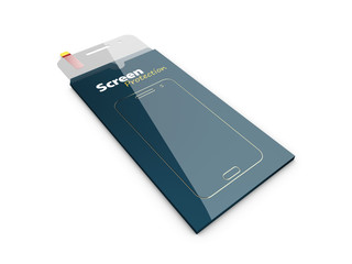 Protection glass screen in the blue box. 3d Illustration on white background