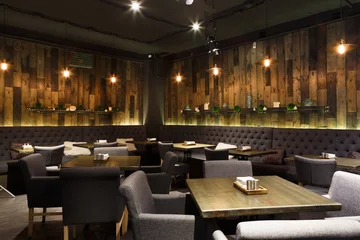 Peel and stick wall murals Restaurant Cozy wooden interior of restaurant, copy space