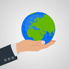 Business concept businessman holding globe on his hand. Vector illustration