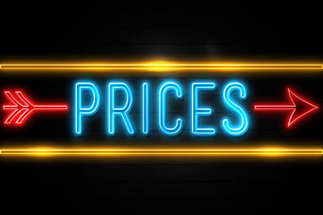 Naklejka na ściany i meble Prices - fluorescent Neon Sign on brickwall Front view