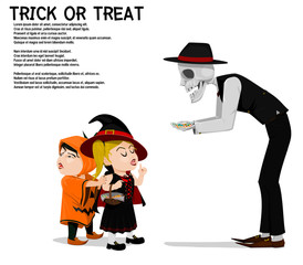 Halloween background,Ghost is giving the children some candy on white background
