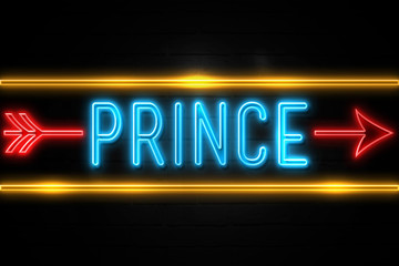 Prince  - fluorescent Neon Sign on brickwall Front view