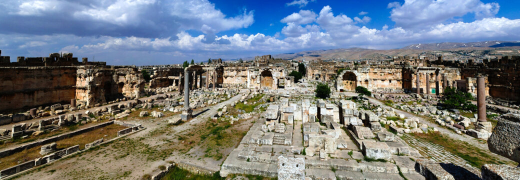 aerial panorama of Ruins of Jupiter temple and great court of Heliopolis at Baalbek, Bekaa valley Lebanon