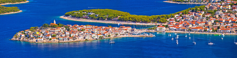 Adriatic tourist destination of Primosten aerial panoramic archipelago view