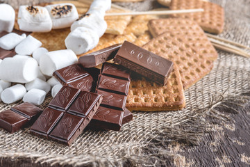 Tasty smore Cracker marshmallow chocolate.Smore bar Copy space