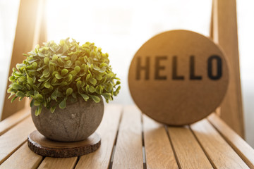 Fake green trees in pot is placed on table in cafe.Hello text on circle label ,Decoration interior object .
