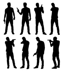 Set of young male policeman, spy or criminal holding, pointing and aiming hand gun in different poses. Easy editable layered vector illustration.  