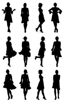 Collection of latin woman dancer silhouettes with flounce sleeves dress in different poses. Easy editable layered vector illustration.  