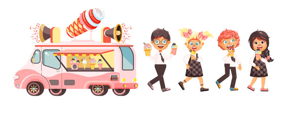 Vector illustration isolated characters children, pupils, schoolboys, schoolgirls eat ice cream, car refrigeration, truck sale manufacture vanilla, chocolate, popsicles sweet meals in flat style