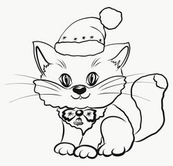 Coloring, cute kitten in a Christmas cap