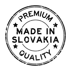 Grunge black premium quality made in Slovakia round rubber seal stamp on white background