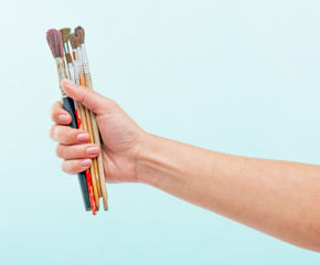 Female hand holding set of clean paint brushes, isolated