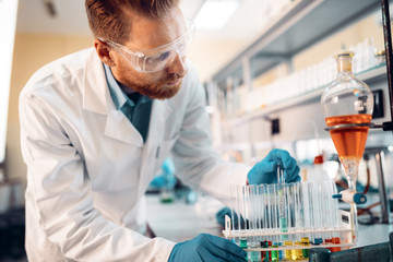 Handsome student of chemistry working in laboratory