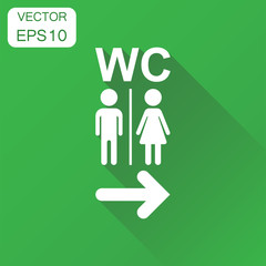 WC, toilet icon. Business concept men and women sign for restroom pictogram. Vector illustration on green background with long shadow.
