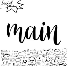 Hand drawn lettering word with set of social media elements. Vector illustration