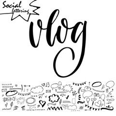 Hand drawn lettering word with set of social media elements. Vector illustration