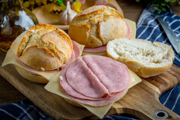 Sandwich with cheese and ground ham.