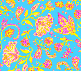 Fototapeta na wymiar Hand drawn floral seamless pattern (tiling). Colorful watercolor seamless pattern with whimsical flowers, paisley, leaves on turquoise watercolor background. Oriental illustration for textile design.