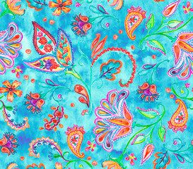 Hand drawn flower seamless pattern (tiling). Colorful seamless pattern with flowers, paisley and leaves. Doodle style. Perfect for textile, cover design.