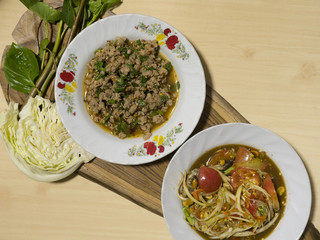 Thai Pork spicy salad and papaya salad