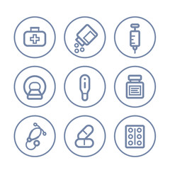 Healthcare, medical icons on white, linear style