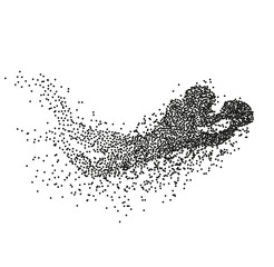 Particle divergent silhouette of american football player jumping with a ball.
