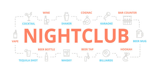 Vector night club thin line banner for design concept. Illustration for presentations on white background