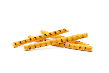 Salty cracker pretzel sticks isolated on white background