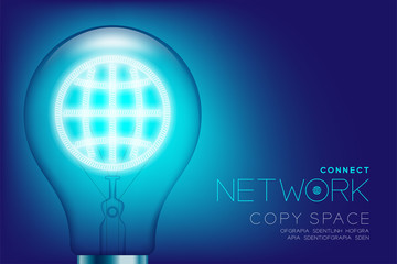 Alphabet Incandescent light bulb switch on set Network idea connect concept, illustration isolated glow in blue gradient background