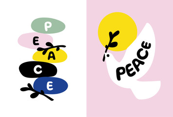 Peace day card with balanced stones and dove holding olive branch