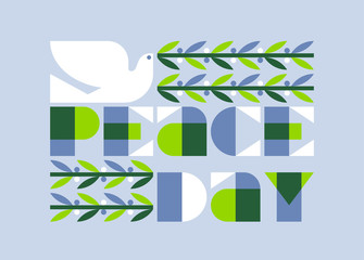 International peace day poster with elegant dove holding olive branch